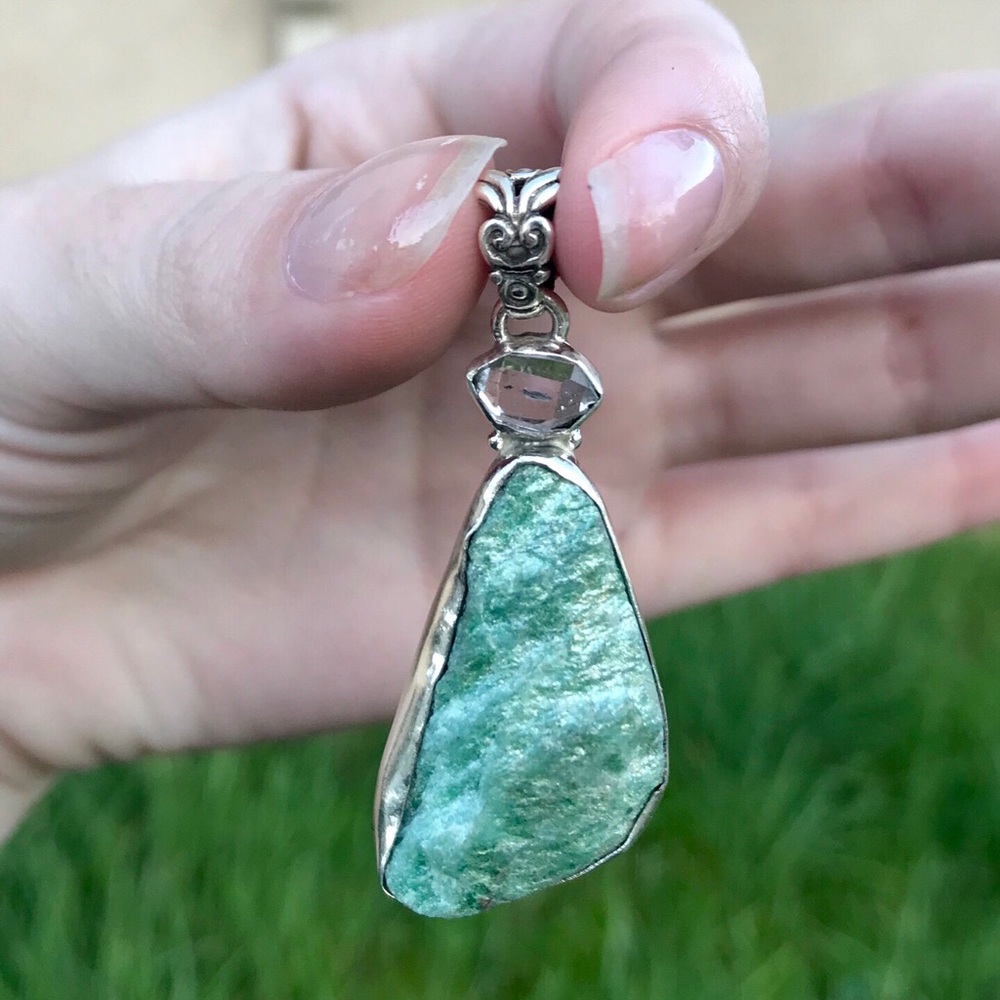Fuchsite and herkimer diamond sterling pendant